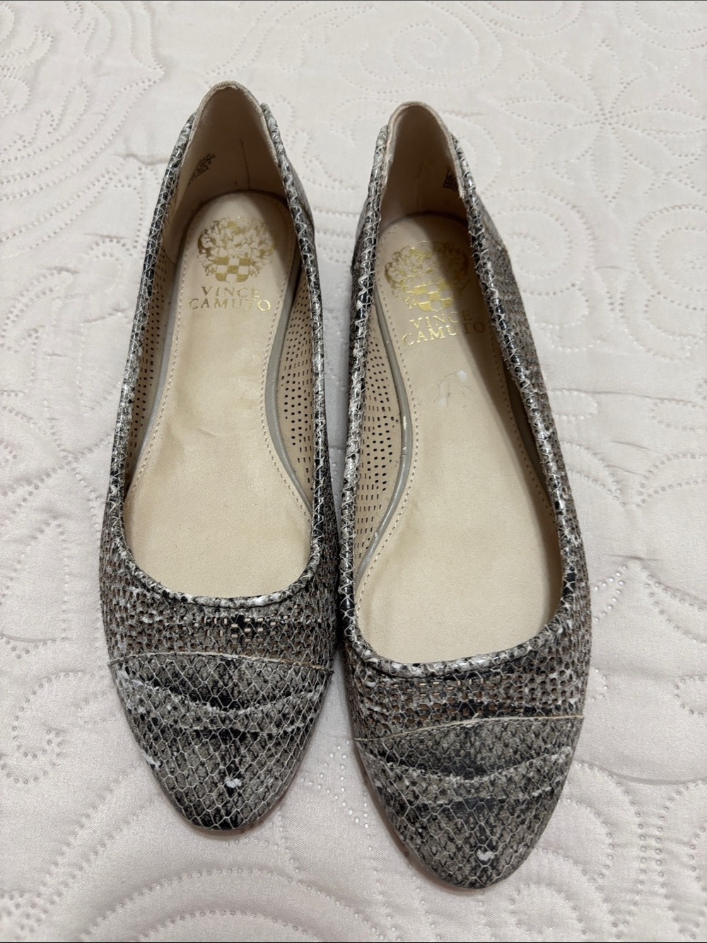 Vince Camuto Metallic Gray Snake-Print Pointed-Toe Flats